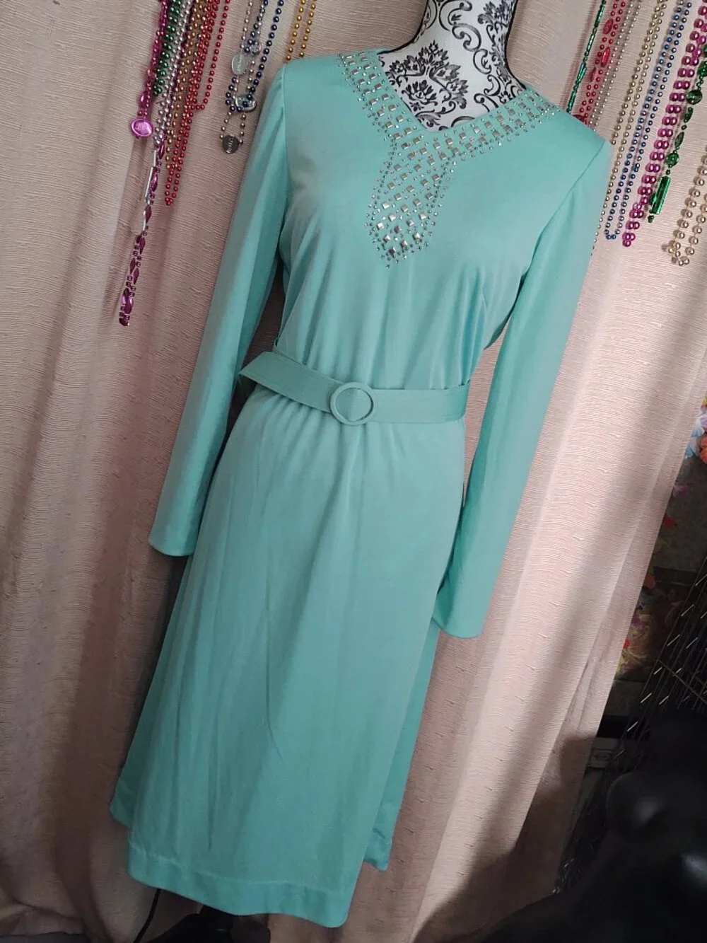 Vintage Mint Green Long Sleeve Midi Dress